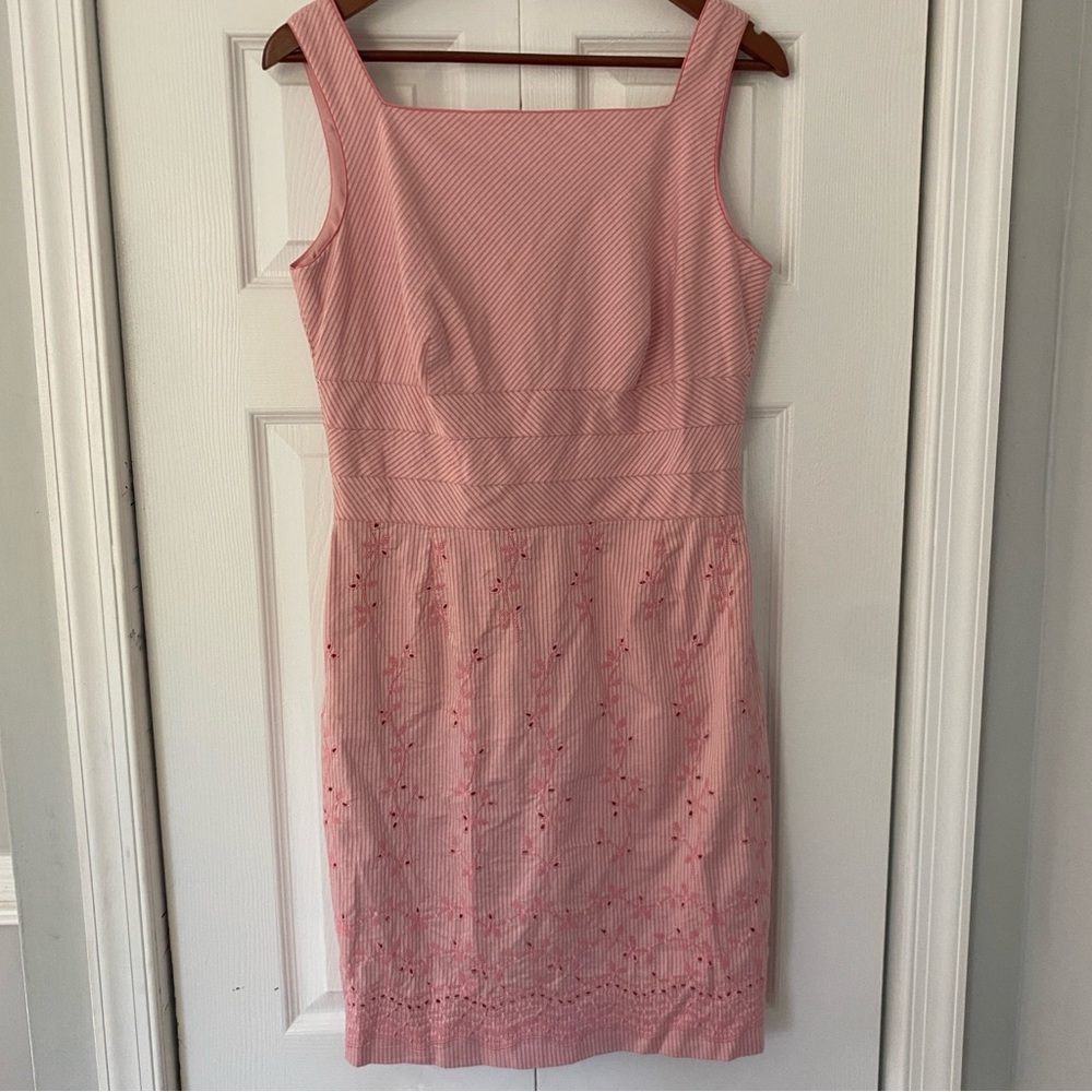 Talbots Petites Sheath Dress 10 Pink Cotton Eyelit Florals Classic Old Money‎